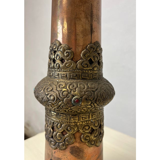 Early 20th Century Tibetan Telescoping Long Horn Brass Copper Gems For Sale - Image 5 of 10