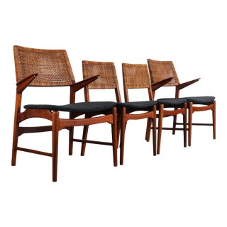 Teak and Cane Vintage Dining Chairs by E Knudsen for Jensen & Lykkegaard - Set of 4 For Sale