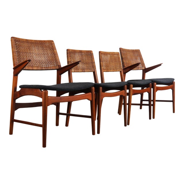 Teak and Cane Vintage Dining Chairs by E Knudsen for Jensen & Lykkegaard - Set of 4 For Sale