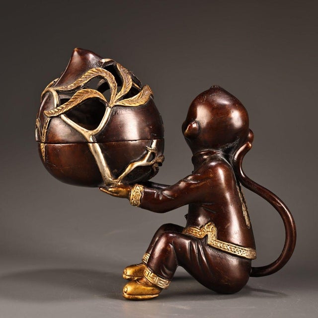 Gilt Bronze Monkey & Peach Incense Burner – Figural Censer, 2.4 LBS For Sale - Image 10 of 10