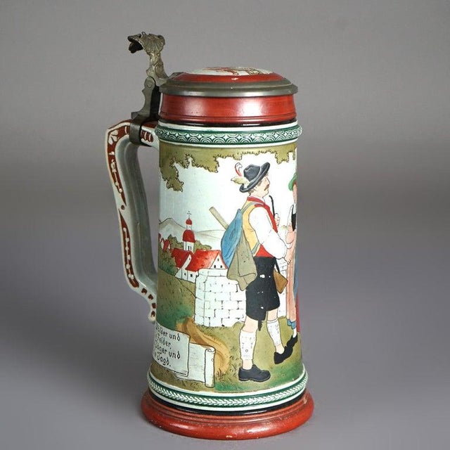 Green Antique Art & Crafts Scenic Musterschutz Germany Pottery Stein Circa 1900 For Sale - Image 8 of 9