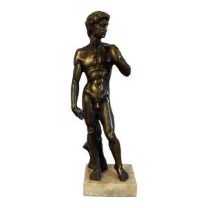 Antique 19th Century Italian Grand Tour Bronze Statue of Michelangelo's David on Marble Base