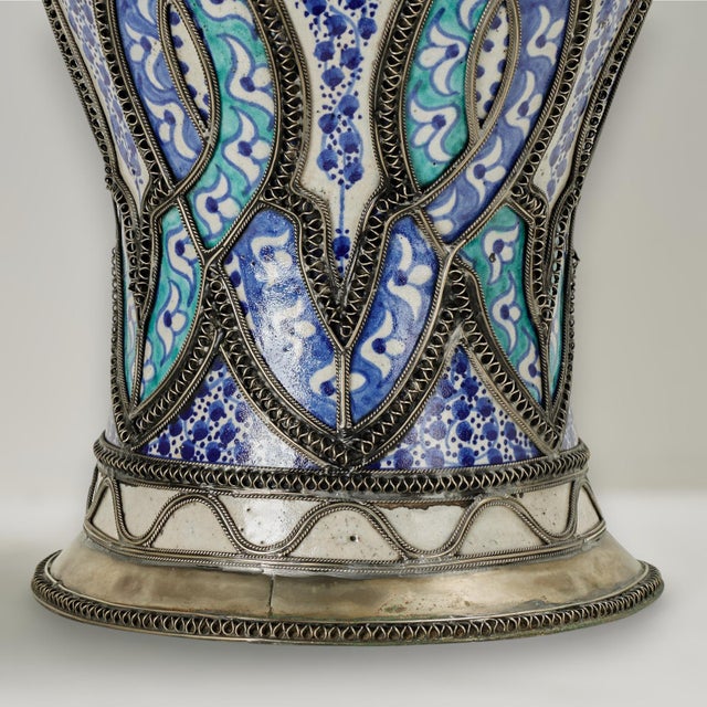 Vintage Moroccan Earthenware and Metal Lidded Urn For Sale - Image 4 of 12