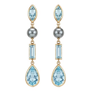 Sky Blue Topaz & Pearl Drop Earrings Studs, Silver, Gold, Pair For Sale