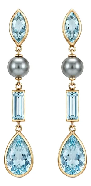 Sky Blue Topaz & Pearl Drop Earrings Studs, Silver, Gold, Pair