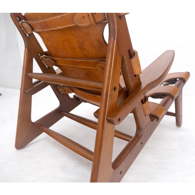 Brown Hunting Chair in Teak Thick Leather Upholstery Lounge Chair MINT For Sale - Image 8 of 18