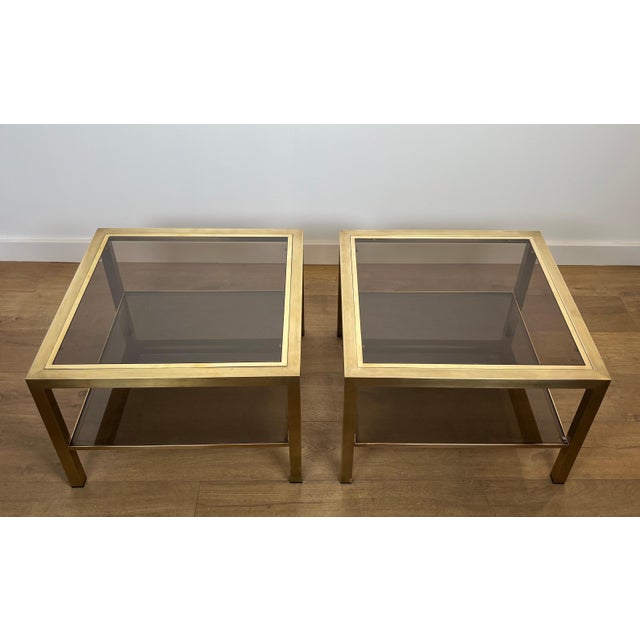 1970s Pair of large brass side tables with smoked glass For Sale - Image 6 of 12