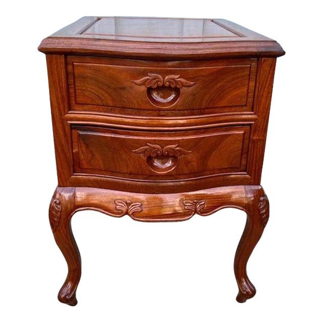 Vintage French Rococo Style Solid Teak 2 Drawer Nightstand. For Sale
