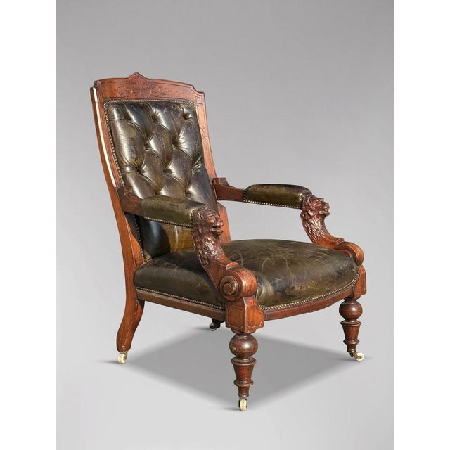 19th Century Arts & Crafts Carved Walnut & Leather Library Armchair, 1880 For Sale - Image 4 of 11