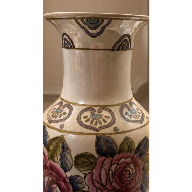 Chinoiserie Vintage Hand-Painted Asian Porcelain Floral Vase | Pink Roses, Purple Flowers, Gold Trim 12.5in For Sale - Image 3 of 9