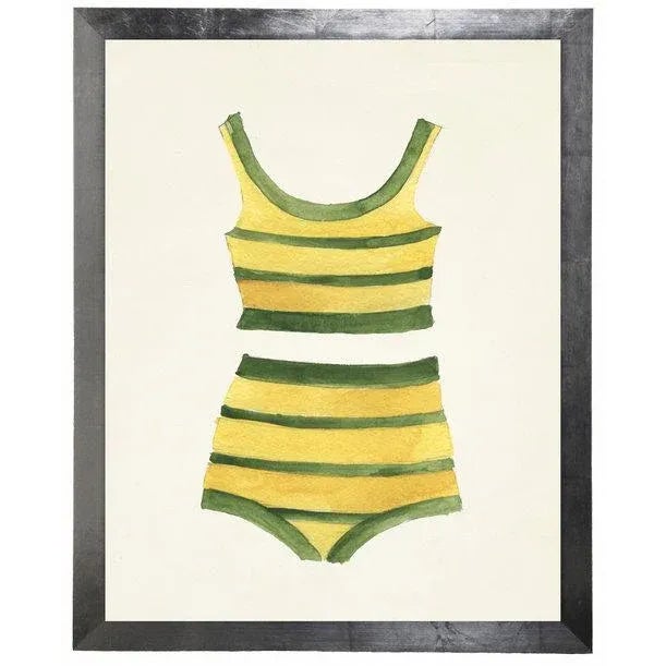 Yellow and Green Striped Bikini Watercolor Print in flat wide silver frame