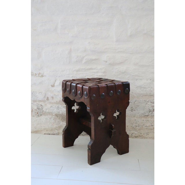 Brown Vintage Brutalist Wood and Leather Stools, 1950s, Set of 2 For Sale - Image 8 of 12