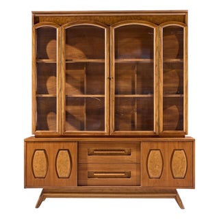 Young Manufacturing Mid Century Walnut and Burlwood Credenza and Hutch For Sale