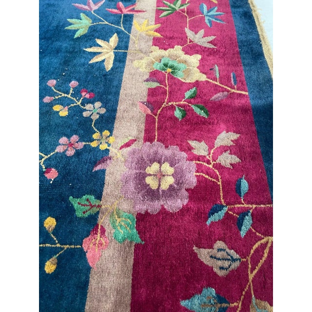 Textile 1920-1930's Antique Art Deco Asian Botanical Garden Magenta Berry Navy Purple Green Rug 9 2 X 11 8 For Sale - Image 7 of 13