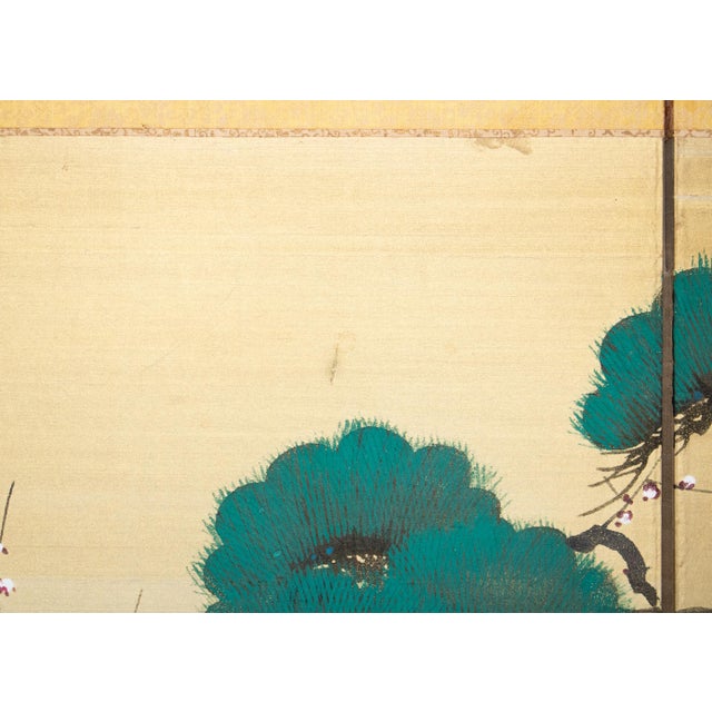 C. 1960s Showa Era Japanese Painted Silk Byobu Screen "Evergreen Pine Tree" For Sale - Image 9 of 18