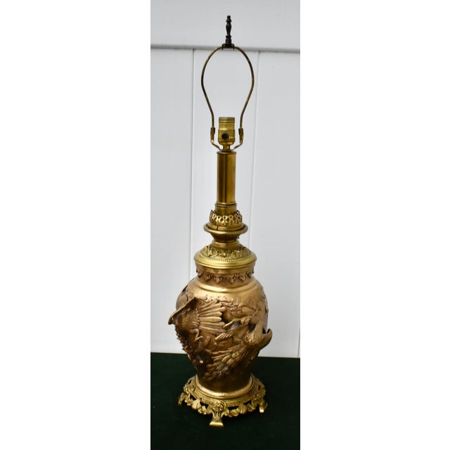 Metal Antique Ornate Solid Brass Bird of Pardise Converted to Electric Lamp For Sale - Image 7 of 12