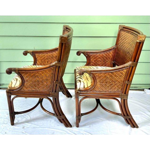 Vintage Bamboo & Rattan Arm Chairs – Pair of Wicker Dining or Accent Chairs With Upholstered Seats For Sale In Louisville - Image 6 of 12