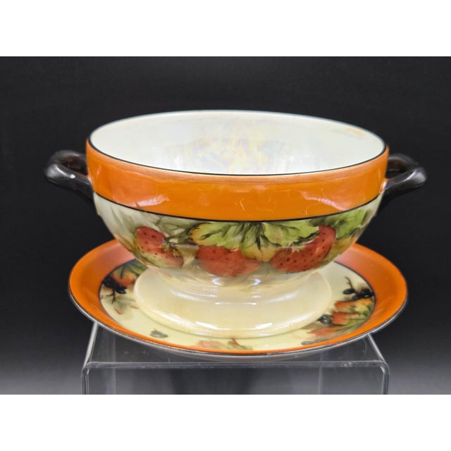 Vintage Bavarian Porcelain Bouillon Bowl & Saucer, Hand-Painted Strawberry Motif, Double-Signed Set, Opalescent Lustre, l.d. Bloch & Co. Bavaria For Sale - Image 18 of 18