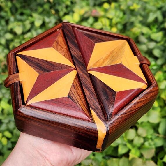 Mid-Century Modern Vintage MCM Japanese Muku Yosegi Wood Parquetry Hexagonal Jewelry Box – Gullwing Lid ​- Mid Century Modern Decor For Sale - Image 3 of 10