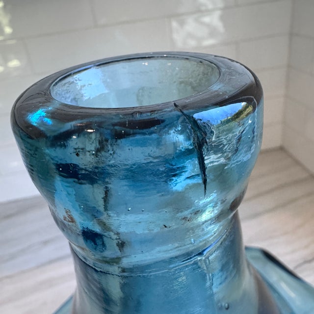 Vintage Sculptural Aqua Blue Glass Demijohn Bottle Large MCM Style Art Glass Vase For Sale - Image 9 of 16