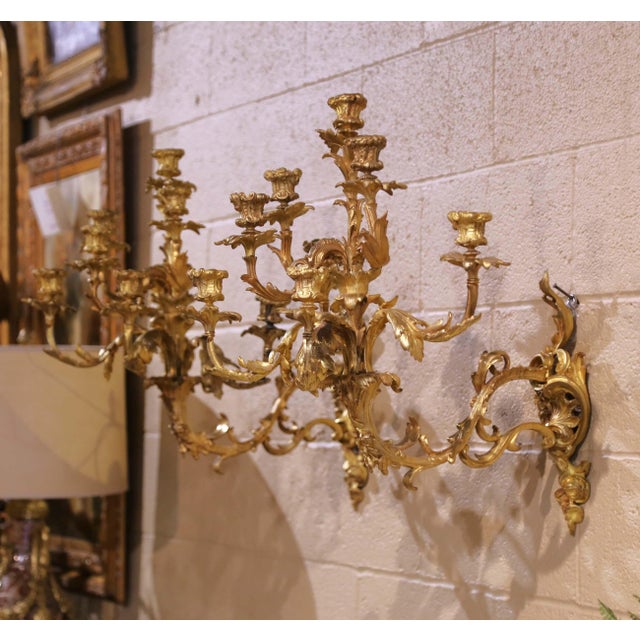 French Pair of 19th Century French Louis XV Rococo Bronze Dore Eight-Light Wall Sconces For Sale - Image 3 of 13