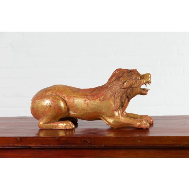 Mid 20th Century Vintage Thai Gilded and Carved Wooden Mythical Creature with Red Undertone For Sale - Image 5 of 12