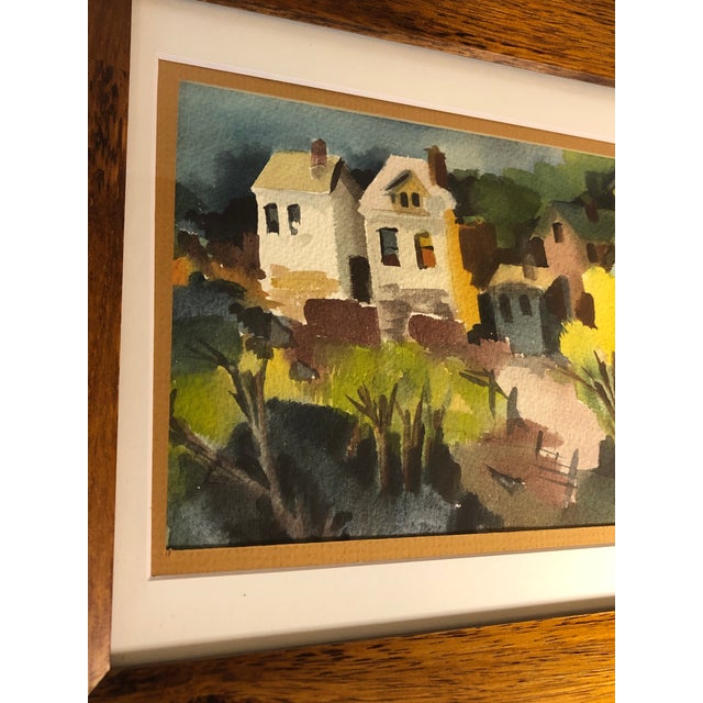 Wood Original 1970s Abstract Village Watercolor by Anne Faulkner, Signed & Framed For Sale - Image 7 of 12
