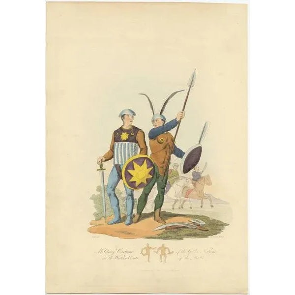 Antique print titled 'Military Costume of the Gothic Nations on the Western Coasts of the Baltic'. Old print of Baltic...