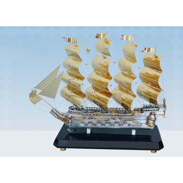 Mediterranean Spanish Vessel With Silver & Gold Sails on Blue Marble For Sale - Image 3 of 3