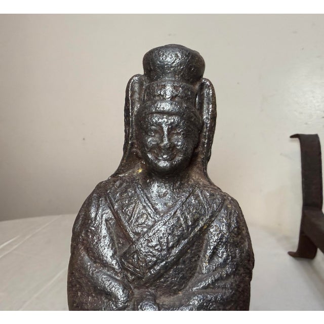 Antique Pair 19th Century Chinese Emperor & Empress Cast Iron Fireplace Andirons For Sale - Image 10 of 16
