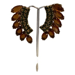 1950s Madeline Clip on Costume Earrings Amber and Emerald Colors, A Pair For Sale
