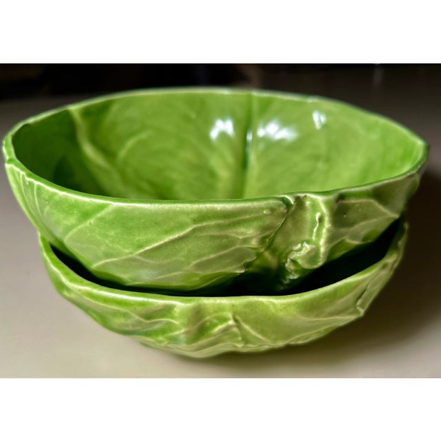 This fabulous set of 2 handmade studio pottery Green cabbage/lettuce leaf bowls were made by Barbara Eigen (later Eigen...