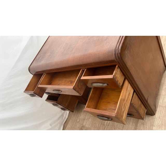 1930s Art Deco Desk Waterfall Top Seven Dovetail Brass Drawers Walnut Finished Back For Sale - Image 9 of 18