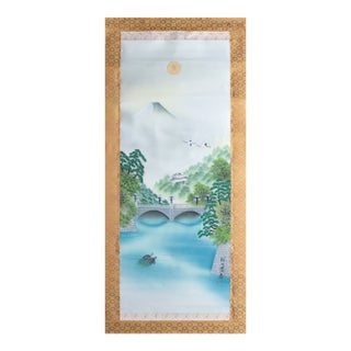 1960s "Landscape With the Bridge", Vintage Japanese Silk Scroll Print For Sale