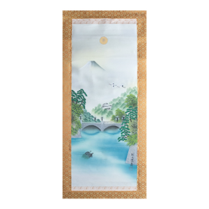 1960s "Landscape With the Bridge", Vintage Japanese Silk Scroll Print