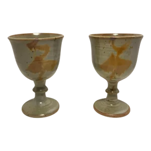 Mid-Century Ceramic Studio Pottery Wine Chalice Goblets- a Pair