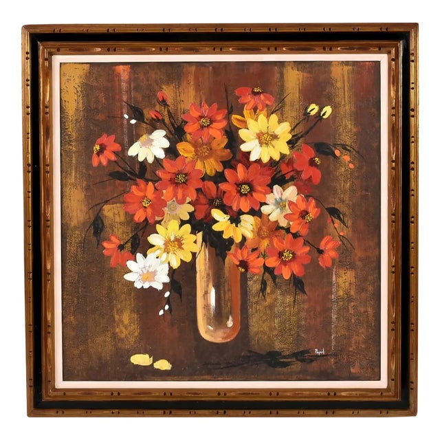 Mid-Century Modern Red and Yellow Floral Still Life Painting Gilded Frame For Sale