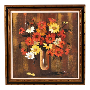 Mid-Century Modern Red and Yellow Floral Still Life Painting Gilded Frame