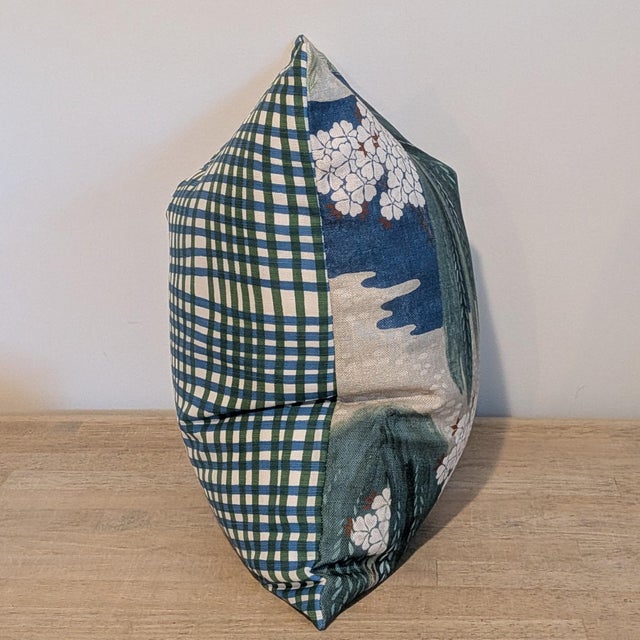 Anna French Willow Tree Pillow in blue and green with Alan Campbell plaid blue and green backs. Invisible zipper and...