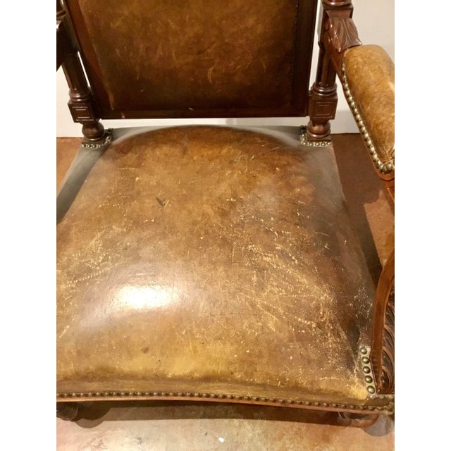 Brown Antique Carved Wood Brown Leather Arm Chairs - a Pair For Sale - Image 8 of 12