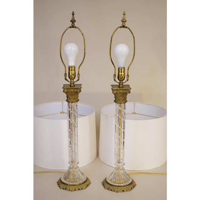 Large Matched Pair Waterford Crystal French Empire Corinthian Column Brass Table Lamps 1960's For Sale - Image 13 of 13