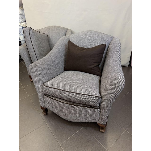 Pair of 1950s armchairs upholstered in natural beige and brown mélange fabric (linen and wool ) padded with vegetable hair...