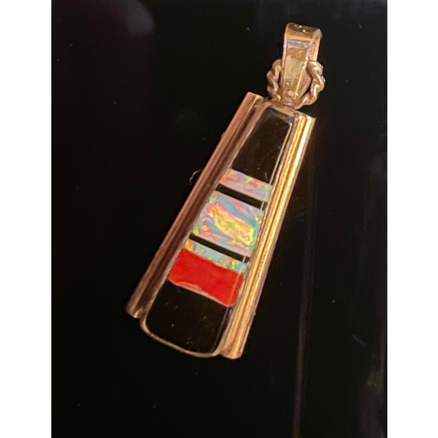 Navajo Indian Art Navajo Artist Mary Livingston Gold Washed Sterling Pendant Inlaid Australian Black Opal For Sale - Image 4 of 6