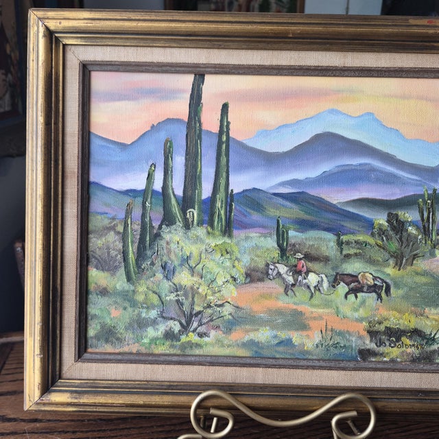 American VTG Desert Framed Landscape Painting Signed Original Saguero Cacti 10 X 14 Horse For Sale - Image 3 of 16