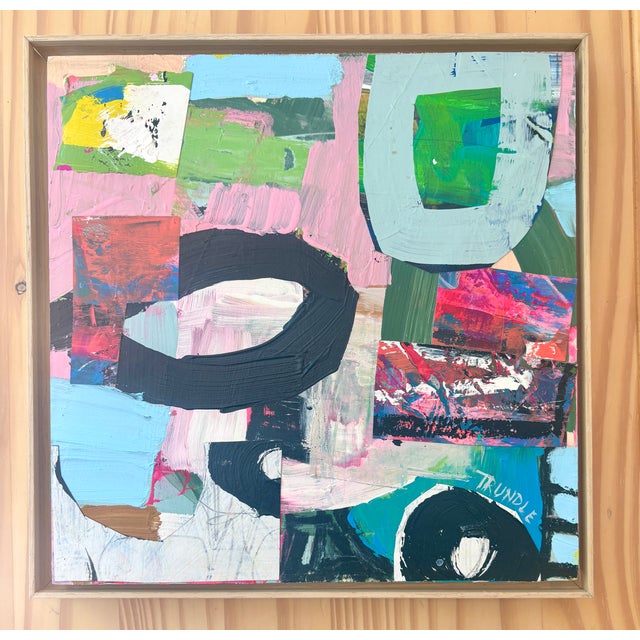 Acrylic and mixed media collage on cradled wood panel , 12 x 12 x .75. Edges painted pale gray, back wired, ready to hang....