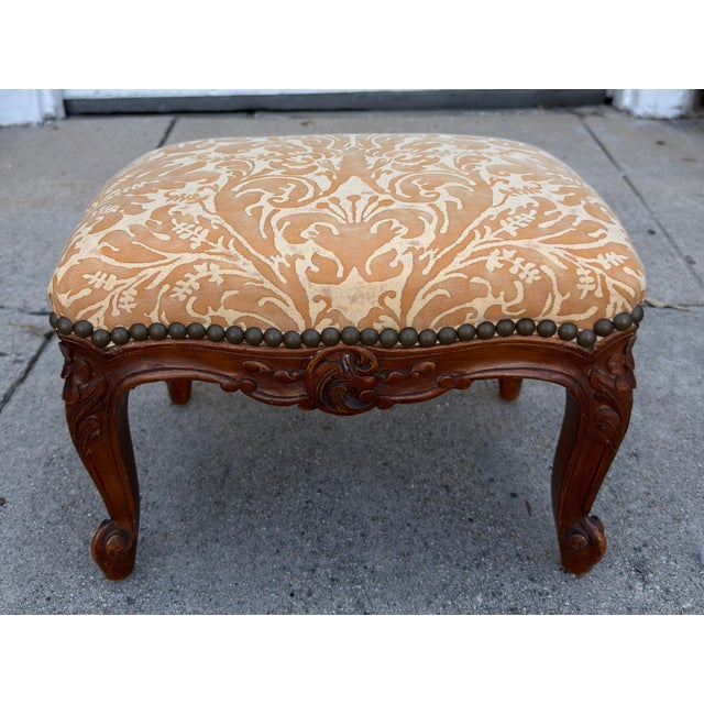 Antique Louis XV French Provincial Footstool With Fortuny Seat.