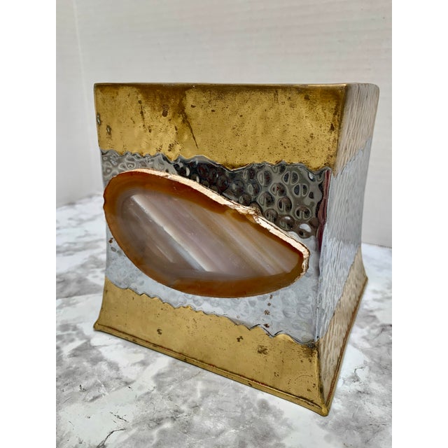 Vintage Hammered Brass Tissue Box Cover With Brazilian Agate Stone For Sale - Image 4 of 9