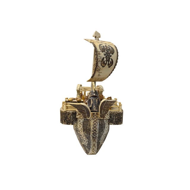 Vintage Asian Cream Bone Inset Treasure Ship Display Art Figure For Sale - Image 4 of 16