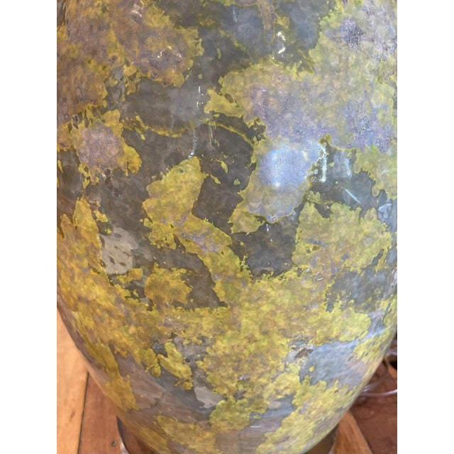 Beautiful extra large vintage lamp with eye-drop curved enamel base and new cream linen shade. Body lamp is made in...