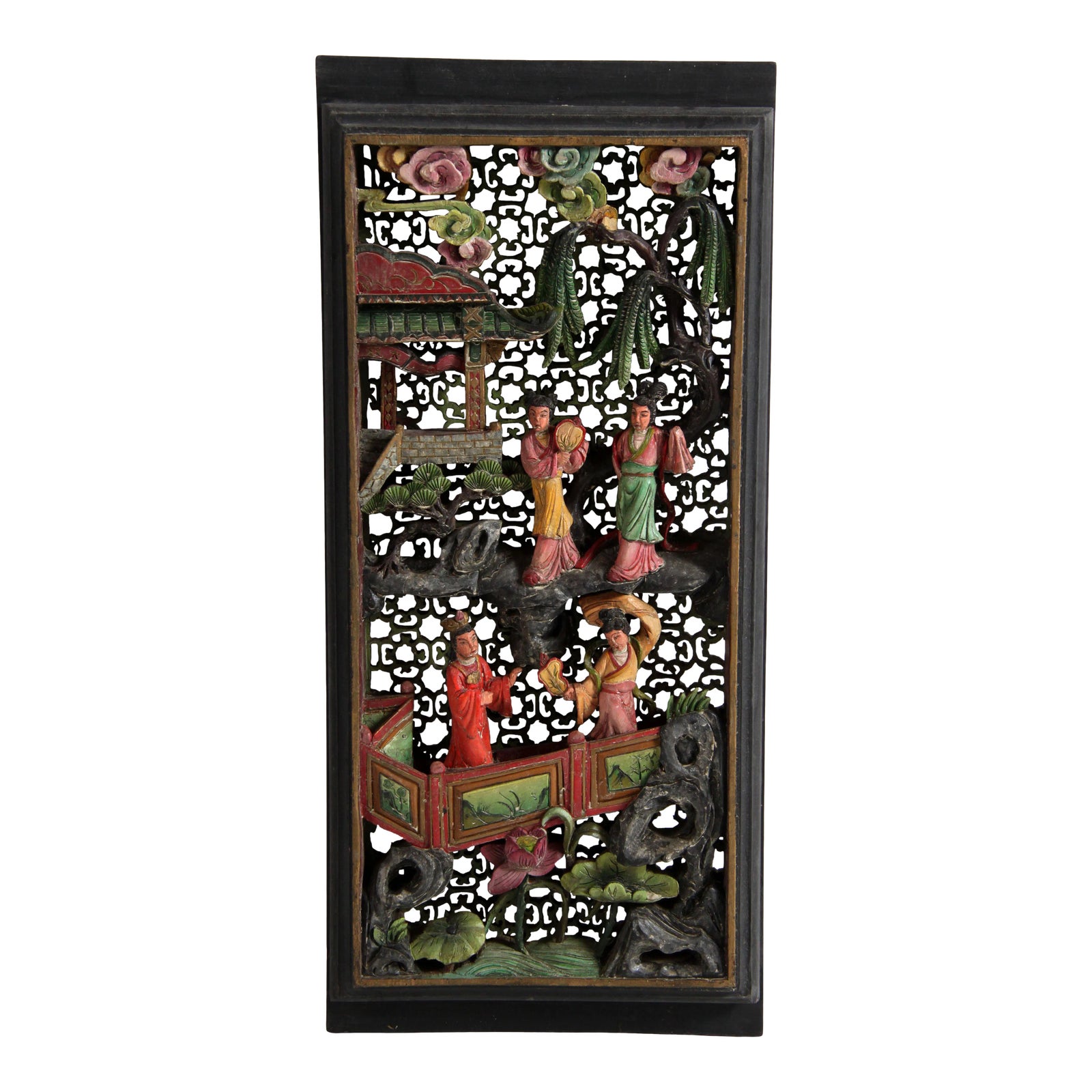 Vintage Hand Carved Polychrome Wood Chinese Figural Panel